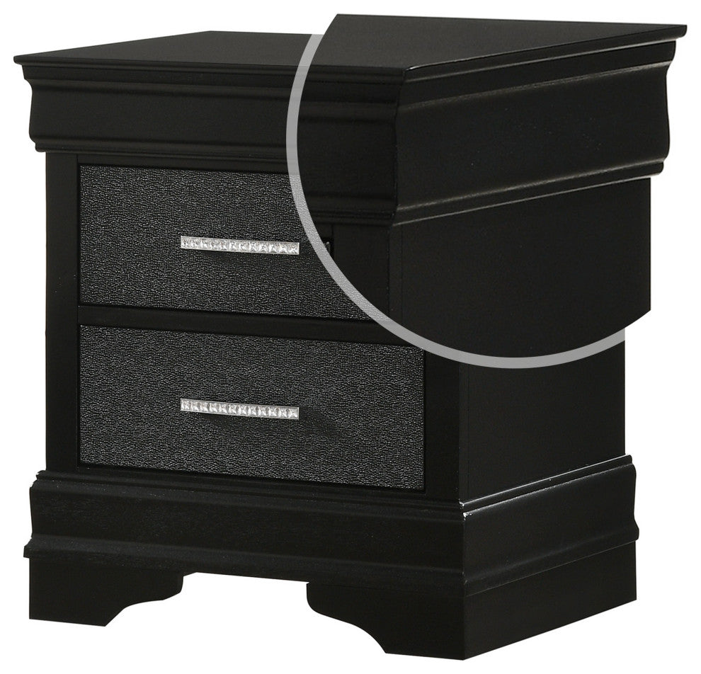 Benzara BM222442 2 Drawer Wooden Nightstand with Studded Accent, Black