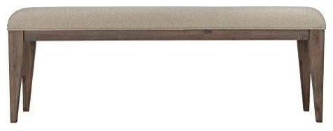 Rustic Dining Bench, Weathered Brown Legs With Beige Linen Fabric Cushioned Seat