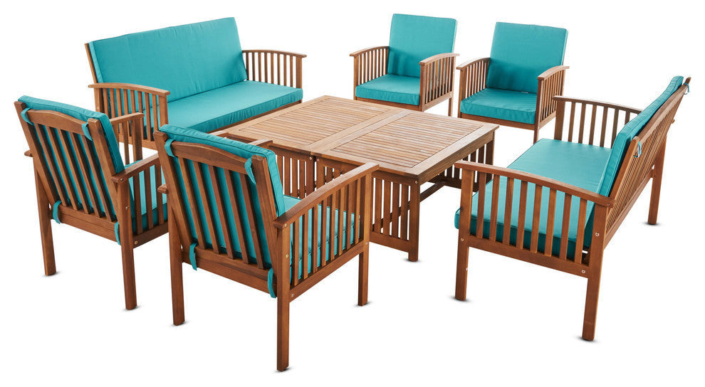 GDF Studio 8-Piece Cape Town Outdoor Acacia Wood Sofa Set, Teal