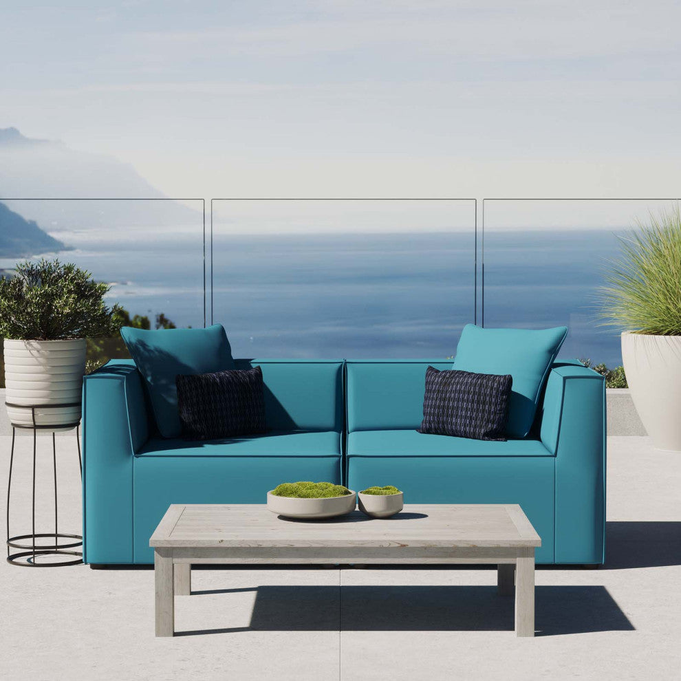 Lounge Loveseat Sofa, Fabric, Blue, Outdoor Patio Balcony Cafe Bistro Garden