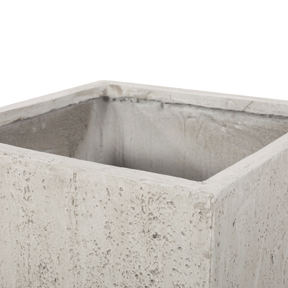 Felipe Outdoor Cast Stone Square Planters, Set of 2, White, Large