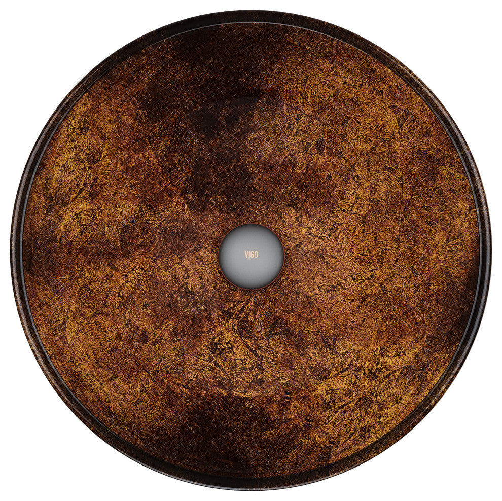 VIGO Giovanni 17"L x 17"W x 6"H Glass Round Vessel Bathroom Sink, Gold and Brown Fusion