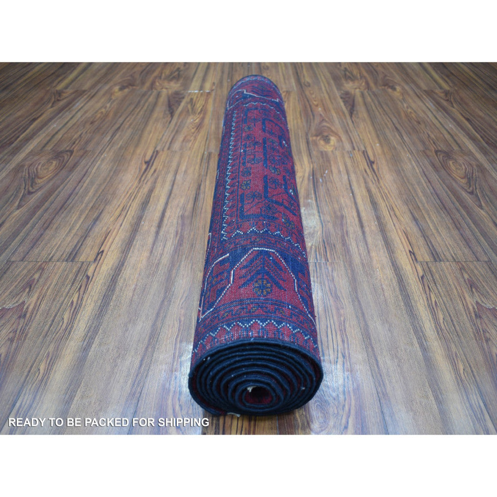 Red Tribal Design Hand Knotted Afghan Khamyab Soft Wool Runner Rug, 2'10"x9'4"