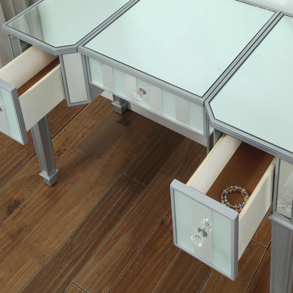 Unique Vanity Set, Mirrored Design With Liftable Tabletop With Mirror, Silver