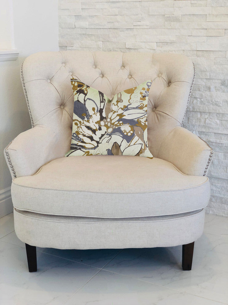 Camellia Floral Blue, Beige Tones Luxury Throw Pillow, 20"x20"