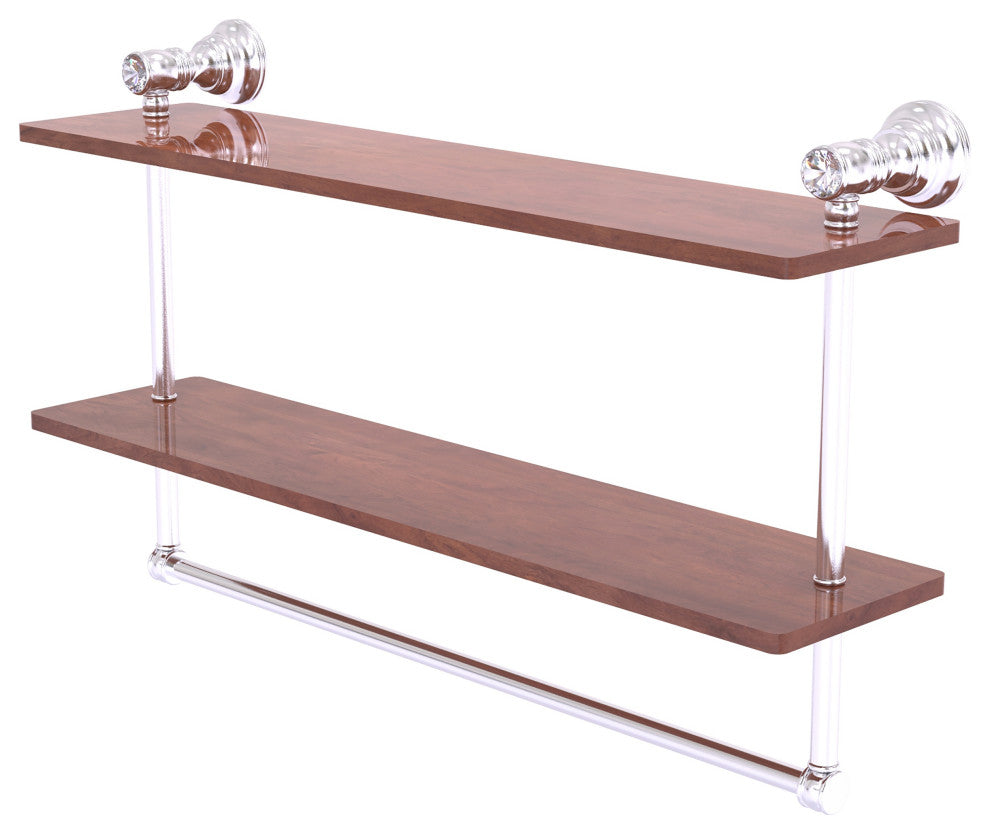 Carolina Crystal 22" Double Wood Vanity Shelf with Towel Bar, Satin Chrome