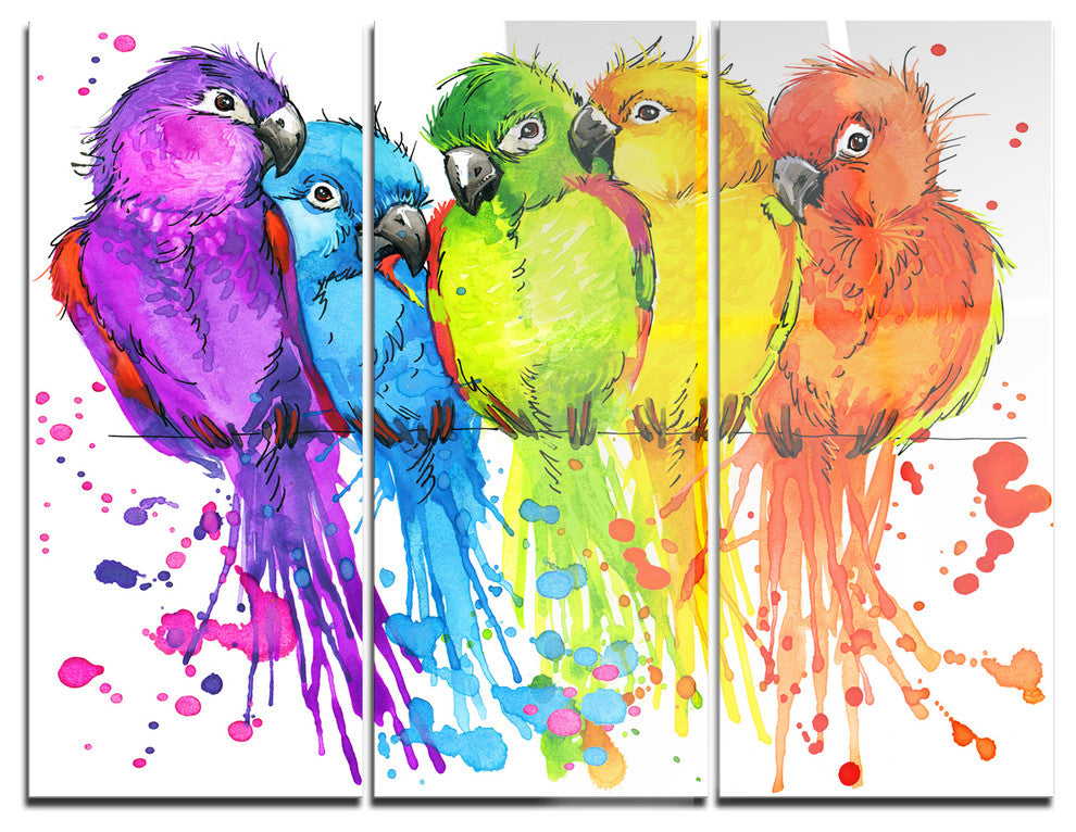 "Colorful Parrots Illustration" Glossy Metal Wall Art, 3 Panels, 36"x28"