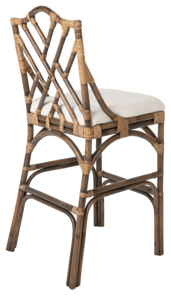 Chippendale Rattan Barstool, Antique Brown and Off-White Upholstery