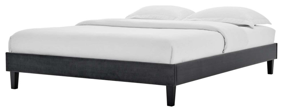 Platform Bed Frame, Full Size, Velvet, Dark Grey Gray, Modern Contemporary