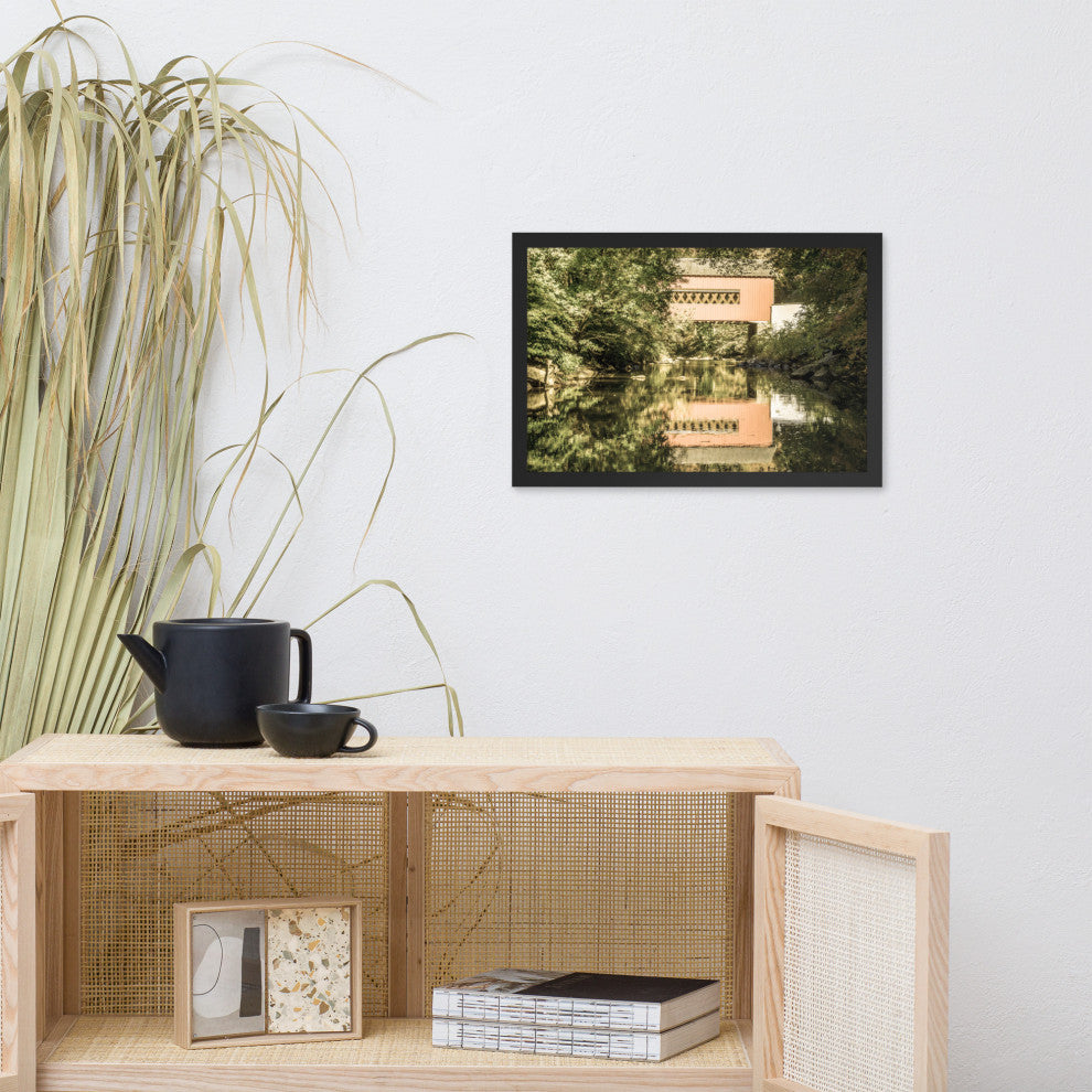The Reflections of Wooddale Covered Bridge Aged Framed Photo Wall Art Print, Black, 12" X 18"