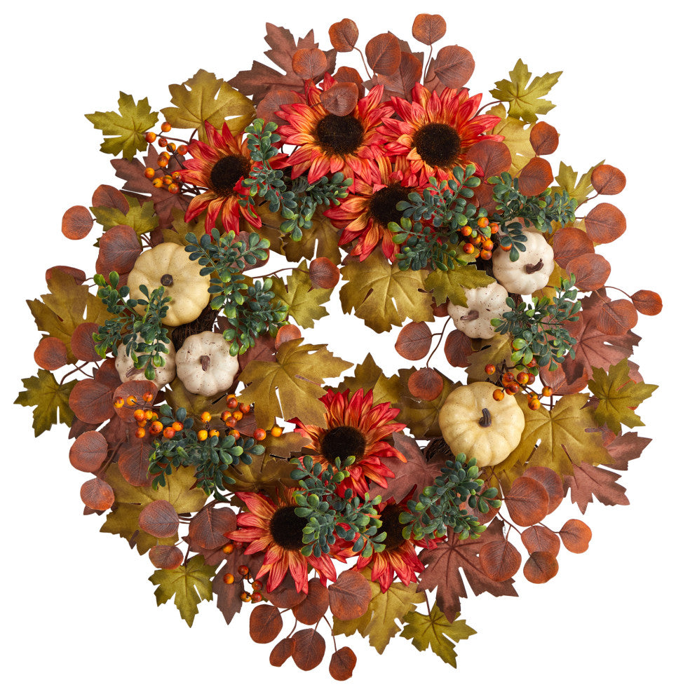 W1179 30 Fall Acorn, Sunflower, Berries and Autumn Foliage Artificial Wreath
