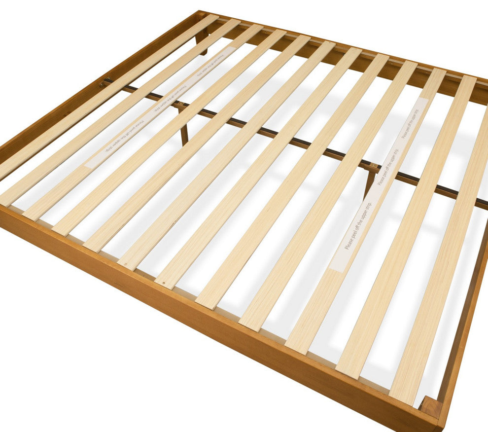 Queen Size Platform Bed Frame With 4 Hardwood Legs And 2 Extra Center Legs Oak