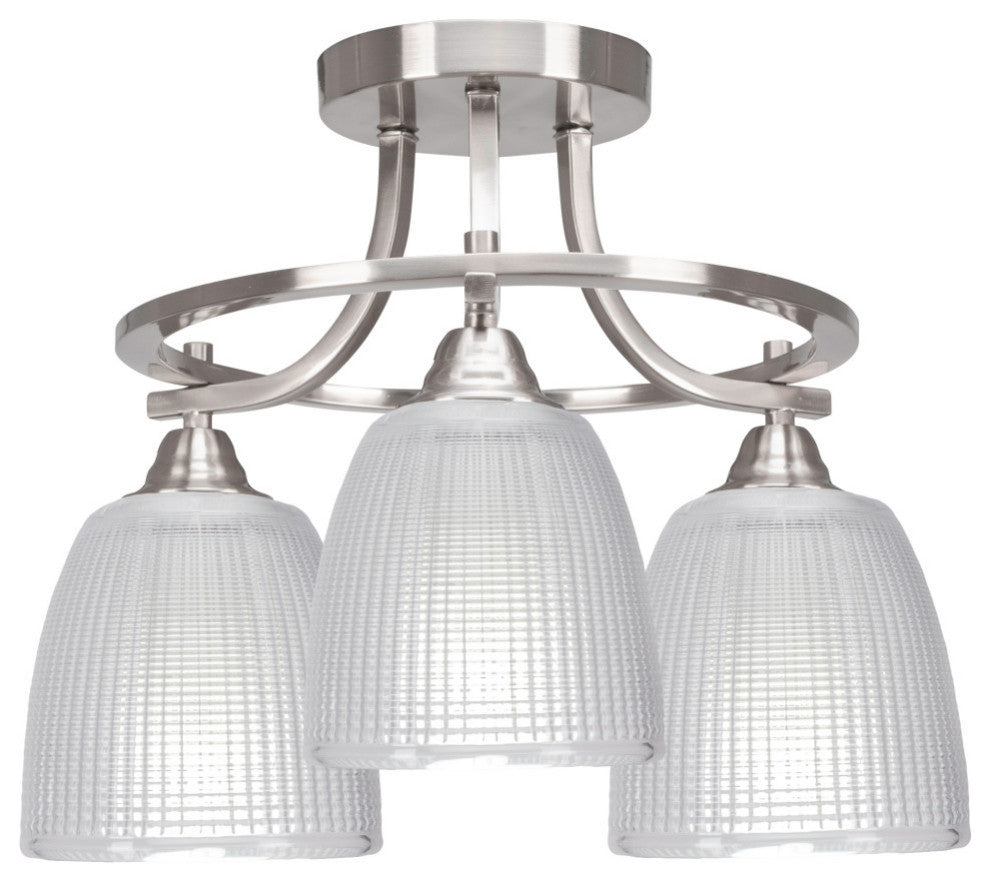 Paramount 3-Light Semi-Flush Light, Brushed Nickel, 5" Clear Ribbed Glass