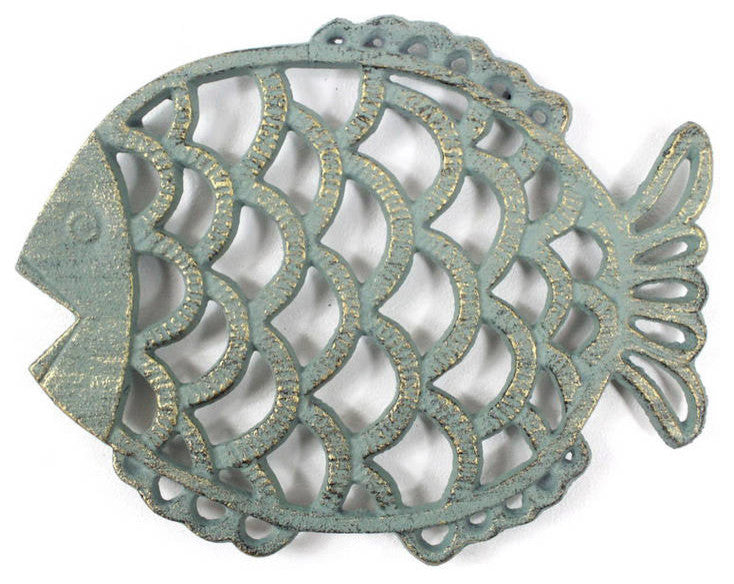 Antique Seaworn Bronze Cast Iron Big Fish Trivet 8"