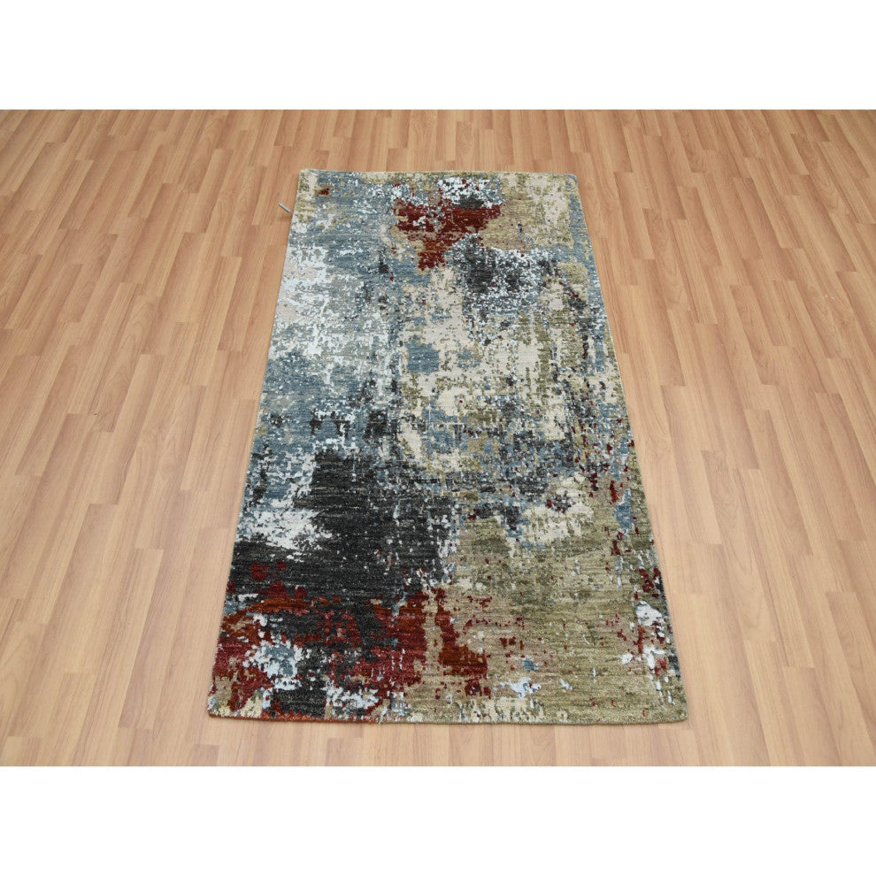 Blue Gray, Hand Knotted Abstract Design, Pure Wool Oriental Rug, 3'0"x5'2"