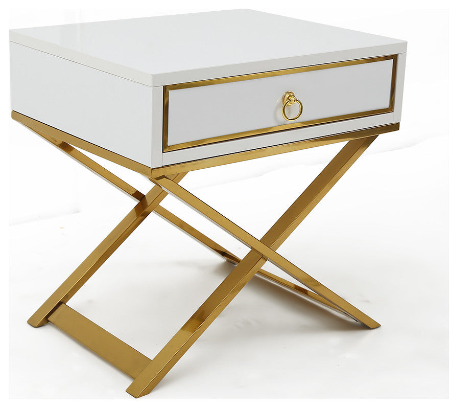 White Nightstand with Drawer Bedside Table with X-Shaped Stainless Steel Base, White