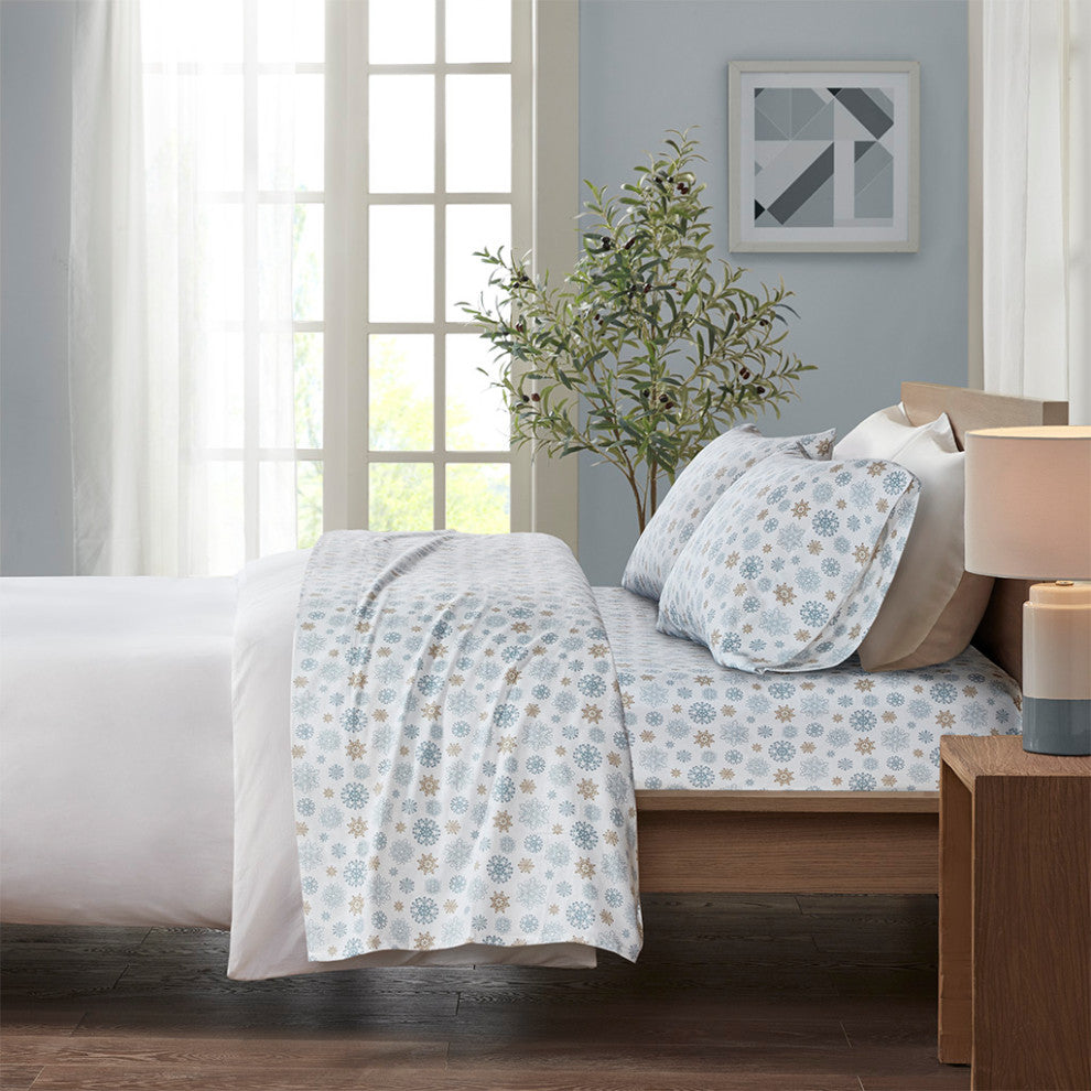 True North by Sleep Philosophy Cotton Flannel Winter Sheet Set, Blue Snowflakes
