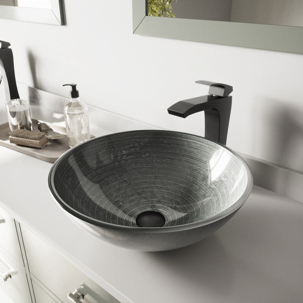 VIGO Simply Silver Glass Vessel Sink and Blackstonian Faucet Set, Matte Black