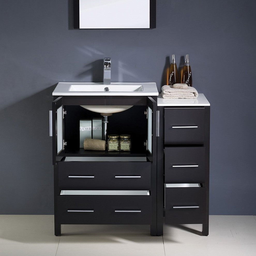 Torino 36" Espresso Modern Bathroom Vanity With Side Cabinet, FFT1030CH
