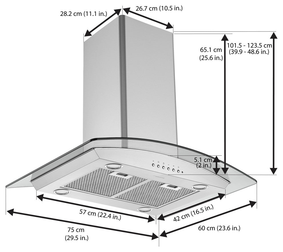 Ancona Convertible Island Glass Canopy Range Hood, Night Light Feature, 30 in.