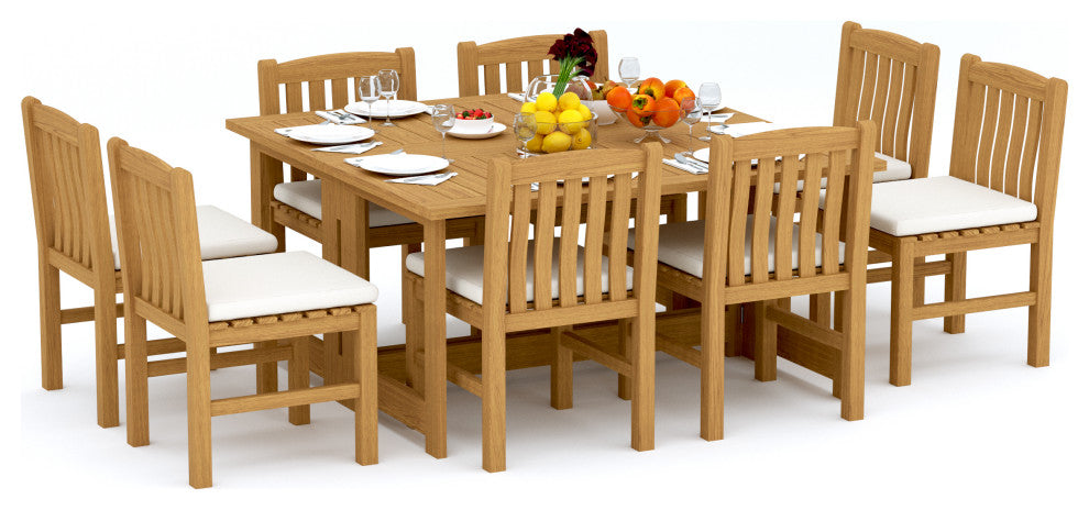 9-Piece Outdoor Teak Dining Set: 60" Sq Butterfly Table, 8 Devon Armless Chairs