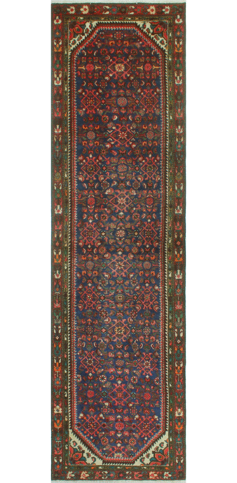 Fine Vintage Distressed Bettye Blue/Rust Runner, 3'3 x 12'8