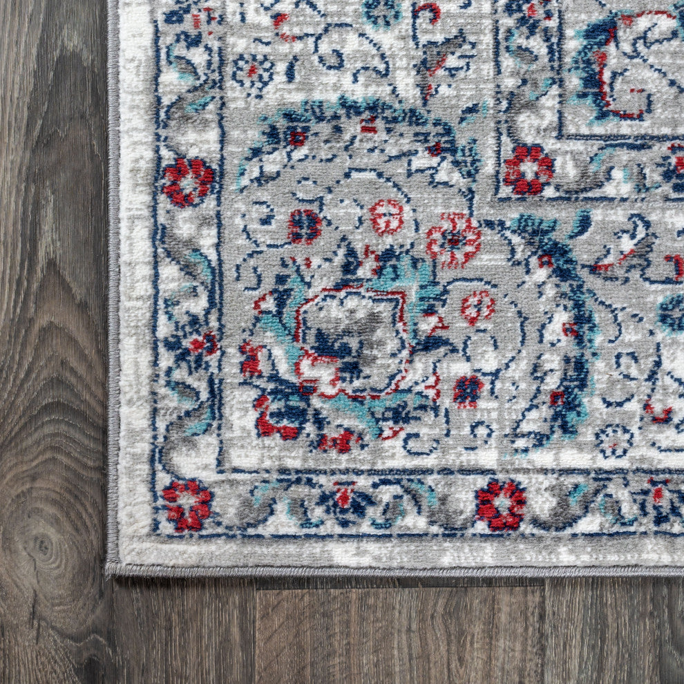 Modern Persian Vintage Medallion Light Grey/Red 6' Round Area Rug