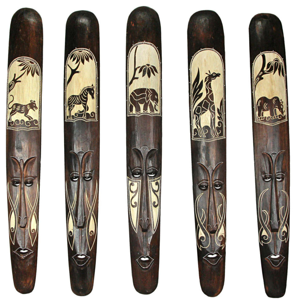 Set of Five 39 Inch Hand Carved African Style Tribal Masks Wall Bar Decor