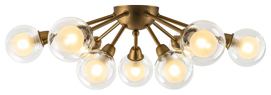 Mid-Century 9-Light Double Layer Glass Sputnik Semi Ceiling Light, Brass