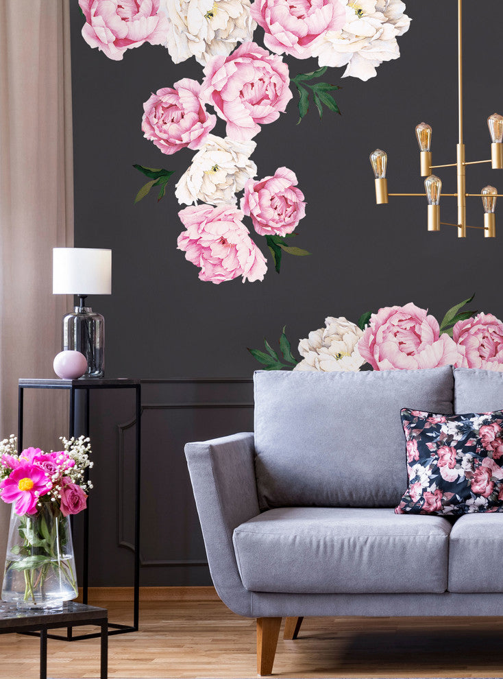 Peony Flowers Vinyl Wall Sticker, Large Set, Vivid Pink