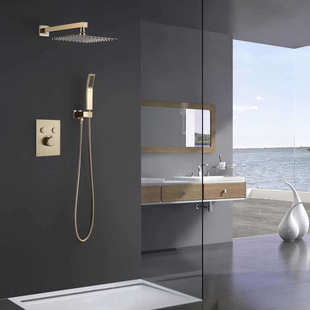 Luxury Wall Mounted Thermostatic Shower System With Rough-In Valve, Brushed Gold