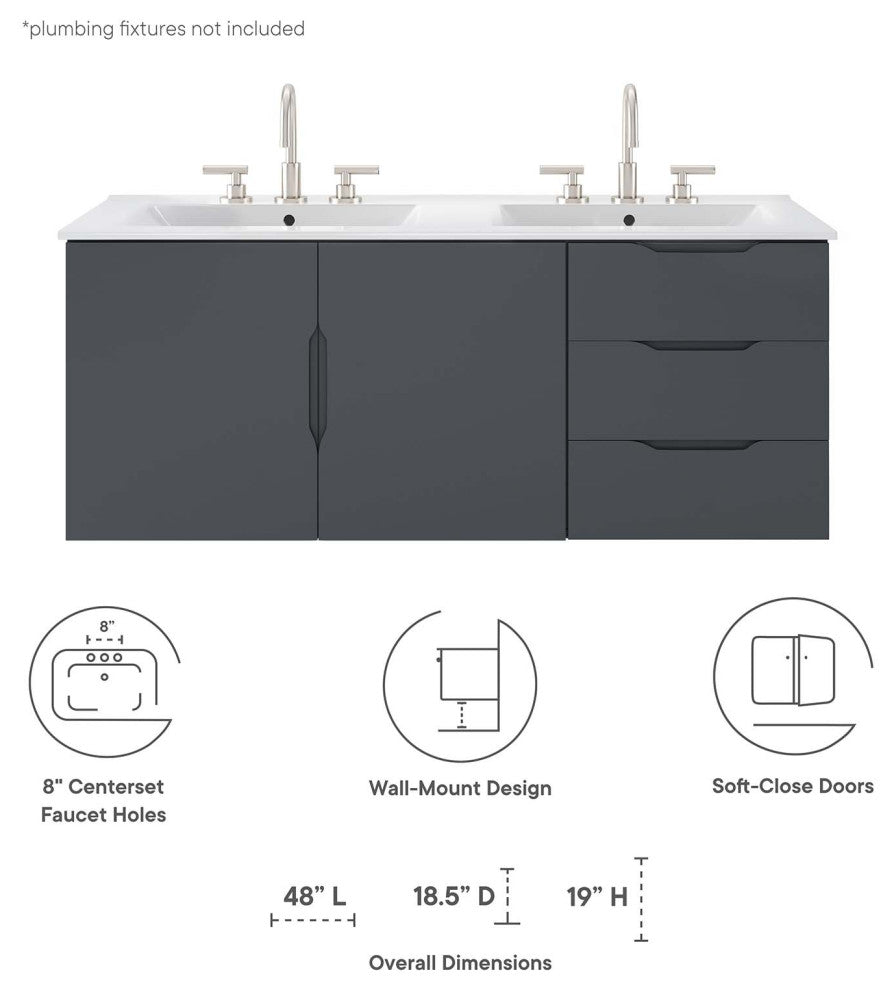 Double Sink Vanity Cabinet, White Gray, Ceramic, Modern, Hotel Bathroom