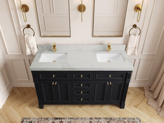 Paris 60" Double Sink Bathroom Vanity, Black 2" Calacatta Nuvo