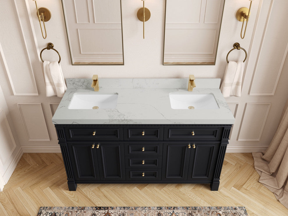 Paris 60" Double Sink Bathroom Vanity, Black 2" Calacatta Nuvo