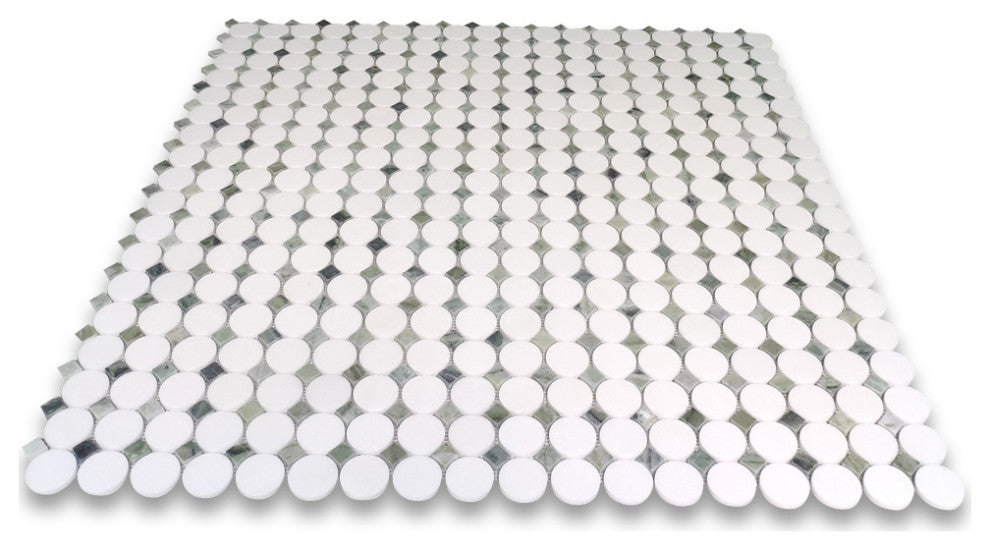 Thassos White Marble Round Mosaic Tile Sagano Vibrant Green Dots Honed, 1 sheet