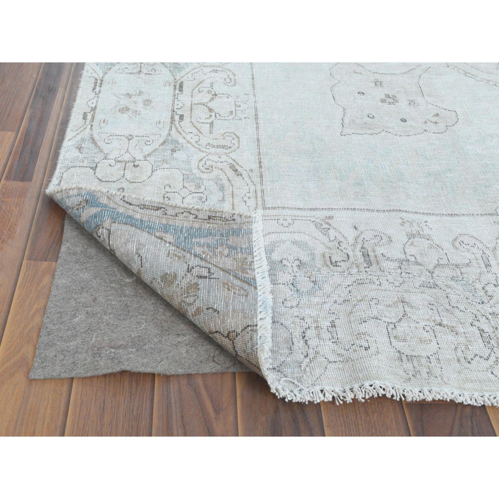 Cropped Thin, Hand Knotted, Ivory, Vintage Persian Kerman, Wool Rug 8'8" x 12'0"