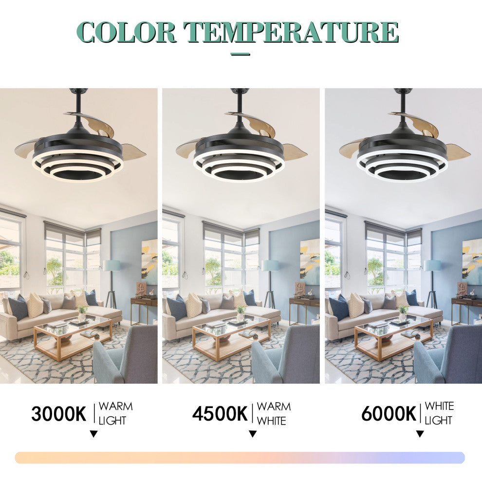 Oaks Aura 42" DIY Shape Retractable Ceiling Fan with Lights and Remote Control, Black