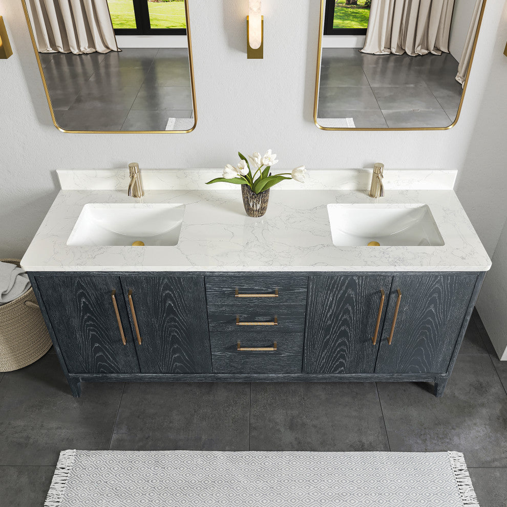 Gara Bath Vanity, Stone Top, Washed Blue, 72", Double Vanity, No Mirror