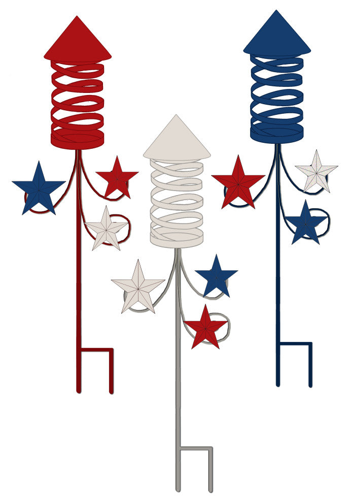 33" Metal Americana Rocket Fireworks Yard Stake, Set Of 3