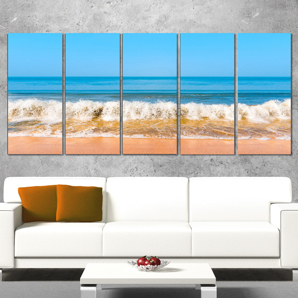 "Beautiful Blue Sea And Roaring Waves" Beach Canvas Wall Art, 5 Panels, 60"x28"