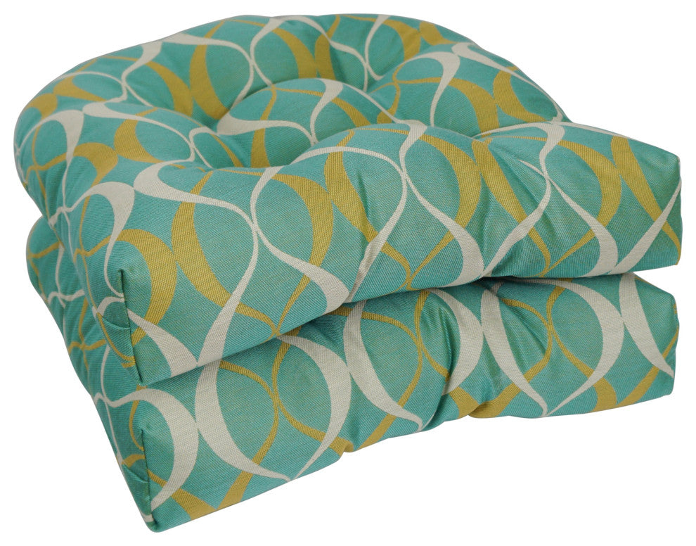 19" U-Shaped Premium Outdoor Tufted Chair Cushions, Set of 2, Duo Seaspray