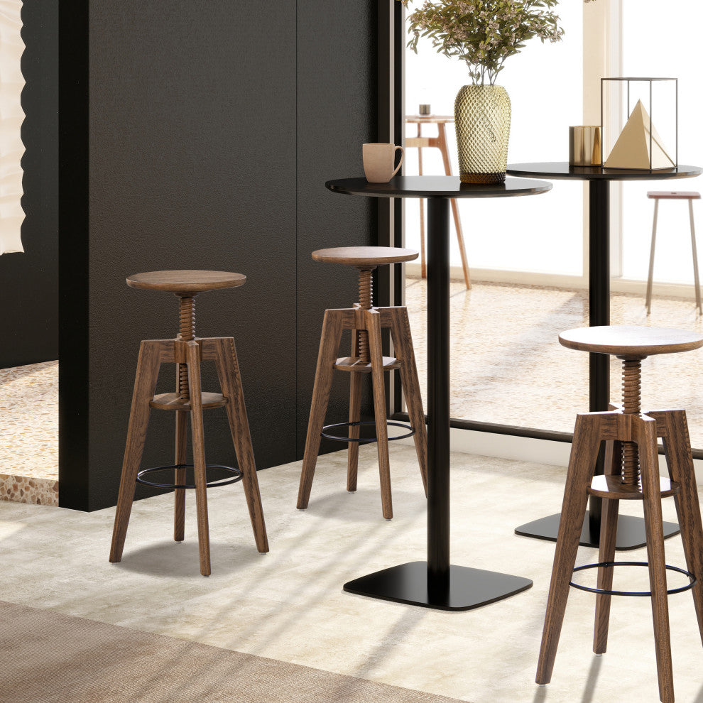 Spencer Minimalist Adjustable Height Bar Stool, Walnut Brown Oak Wood
