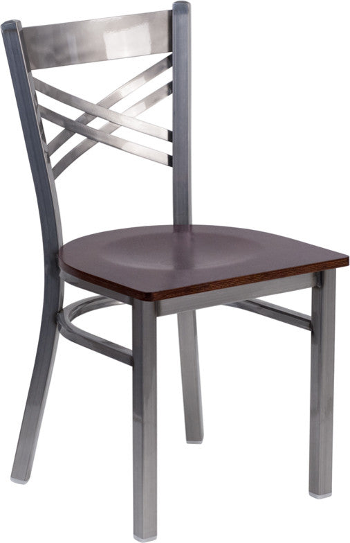 Dyersburg Metal Chair Clear Coat X-Style Back, Walnut Wood Seat
