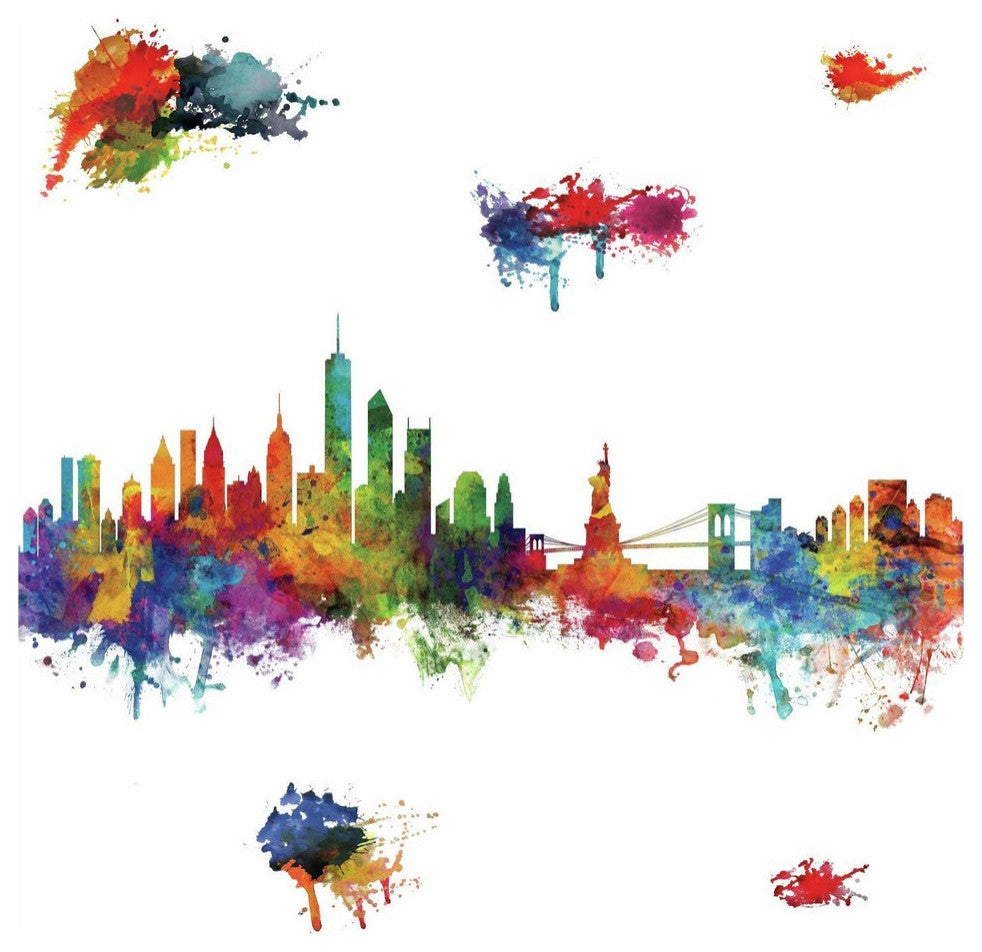 New York City Watercolor Skyline Peel and Stick Giant Wall Decals