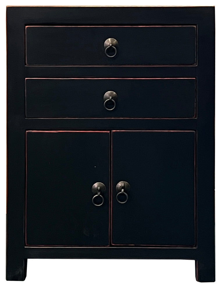 Chinese Oriental Distressed Black 2 Drawers End Table Nightstand Hcs7584