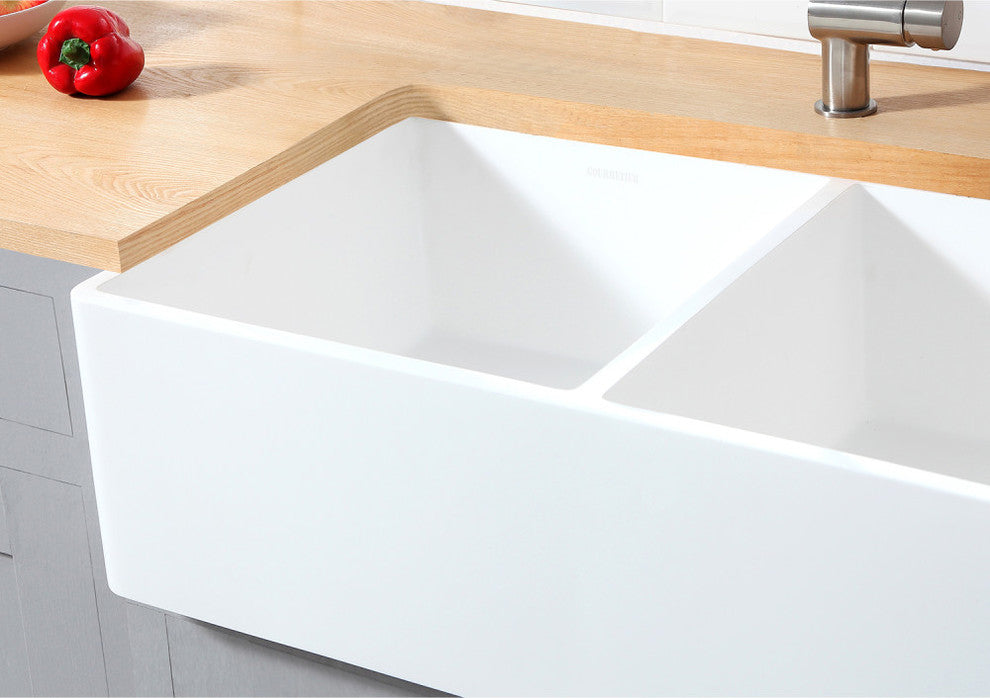 Gourmetier Double Bowl Farmhouse Kitchen Sink, Matte White