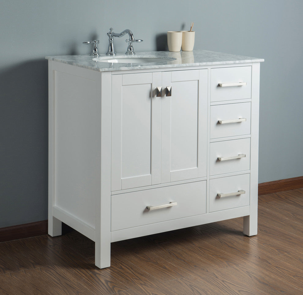 Malibu Single Sink Bathroom Vanity, Pure White, 36", Without Mirror