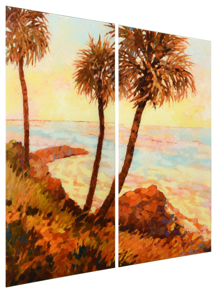 "Palm Breeze" Frameless Free Floating Tempered Glass Panel Graphic Wall Art Set