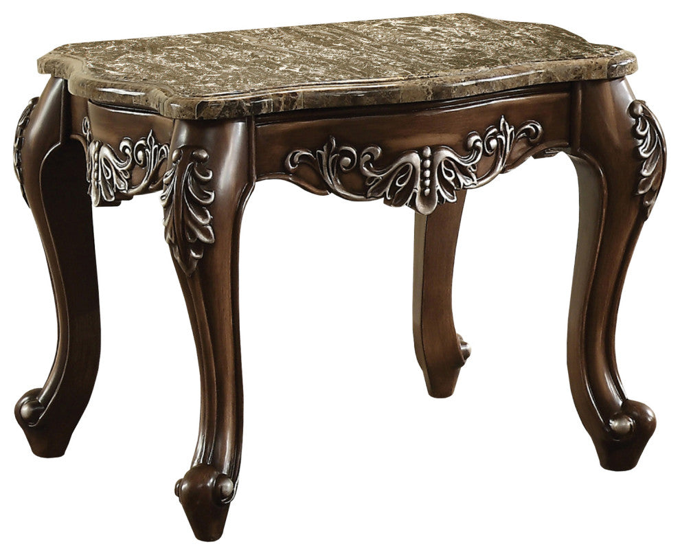 Benzara BM177648 Wooden End Table with Marble Top in Antique Oak Brown