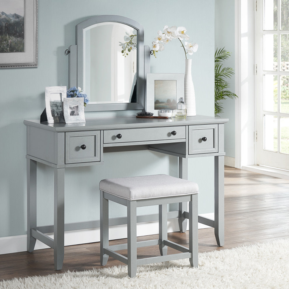 Vista Vanity Stool, Vintage Grey With Dove Grey Linen